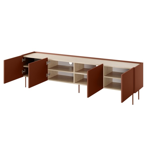 Szafka RTV czterodrzwiowa Desin 220 cm - ceramic red / dąb nagano