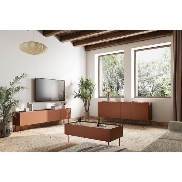 Szafka RTV czterodrzwiowa Desin 220 cm - ceramic red / dąb nagano
