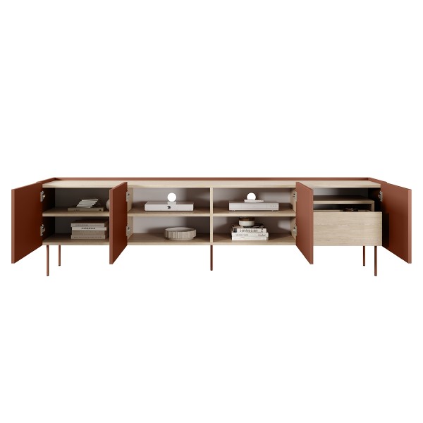 Szafka RTV czterodrzwiowa z ukrytą szufladą Desin 220 cm - ceramic red / dąb nagano