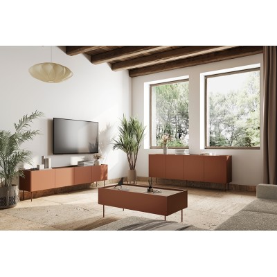Szafka RTV czterodrzwiowa z ukrytą szufladą Desin 220 cm - ceramic red / dąb nagano