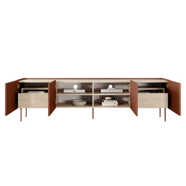Szafka RTV czterodrzwiowa z 2 ukrytymi szufladami Desin 220 cm - ceramic red / dąb nagano