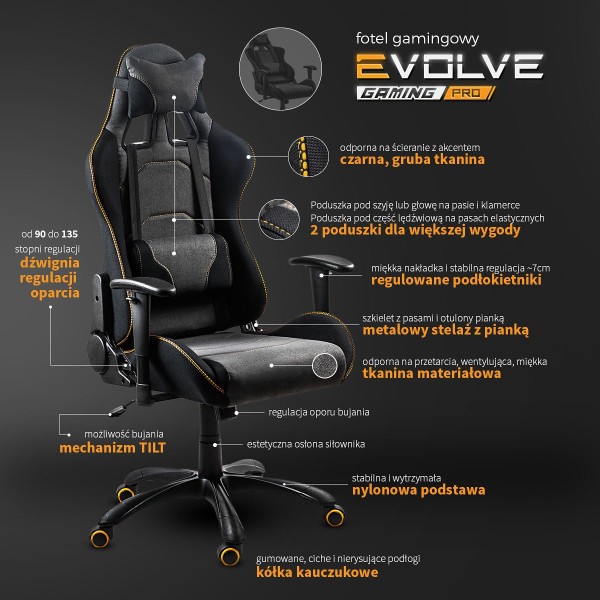Fotel gamingowy EVOLVE GAMING PRO czarno-szarobeżowy-pomarańczowy Halmar