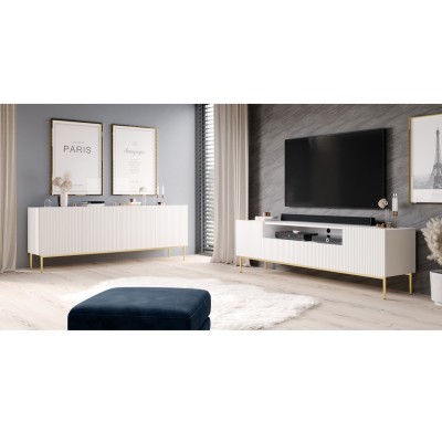 Szafka RTV ryflowana Lizard 200cm biały mat + złote nóżki