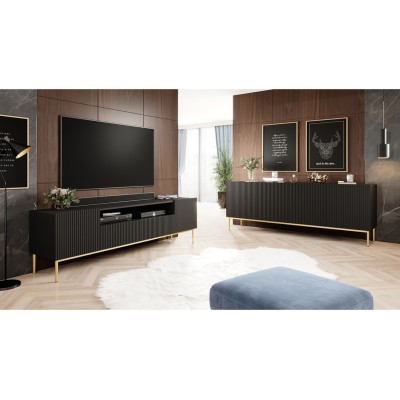 Szafka RTV ryflowana NICOLE 200cm czarny mat + złote nóżki