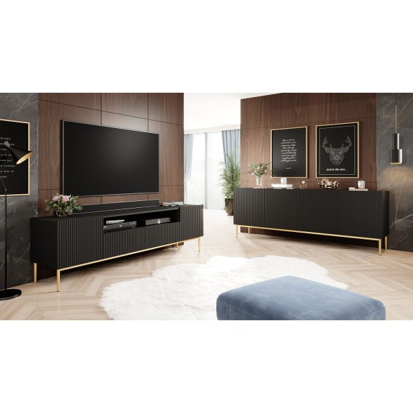 Szafka RTV ryflowana NICOLE 200cm czarny mat + złote nóżki