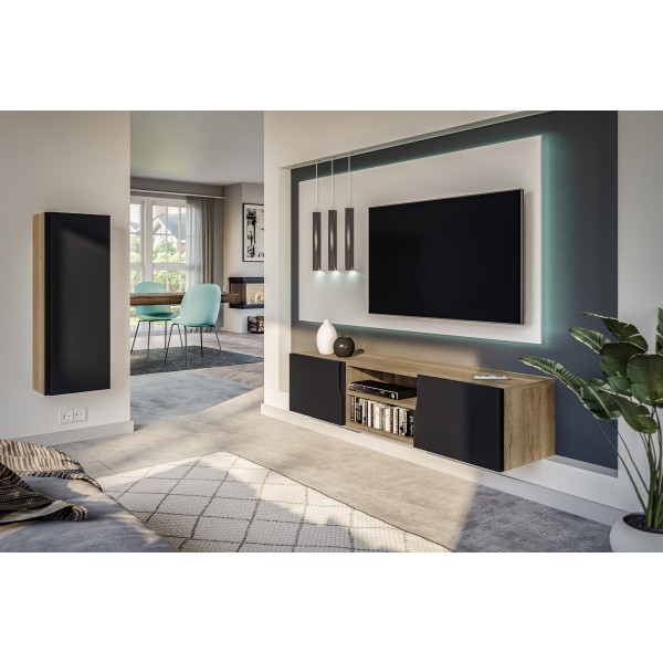Szafka RTV 160cm wisząca DOZE czarny + dąb artisan