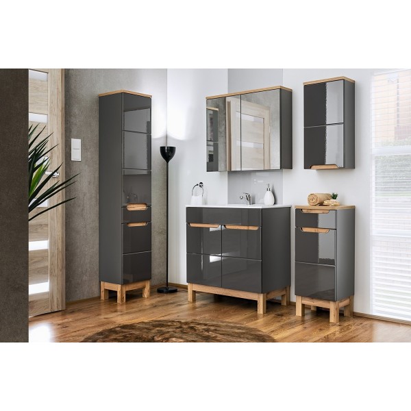 Szafka łazienkowa z lustrem 80 cm szary grafit połysk BALI 841